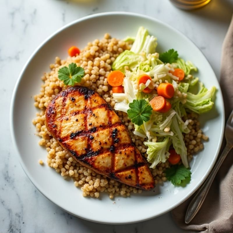 Grilled Chicken Breast with Crunchy Cabbage Slaw and Quinoa