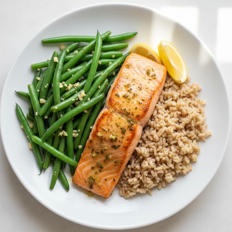 Seared Salmon Fillet with Garlic Green Beans and Brown Rice