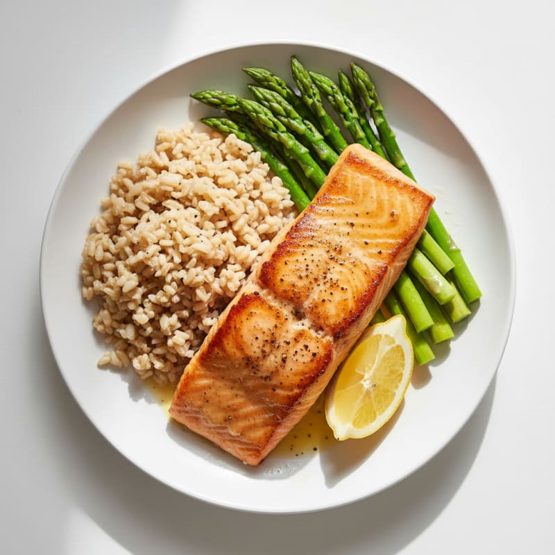Seared Salmon with Steamed Asparagus and Brown Rice