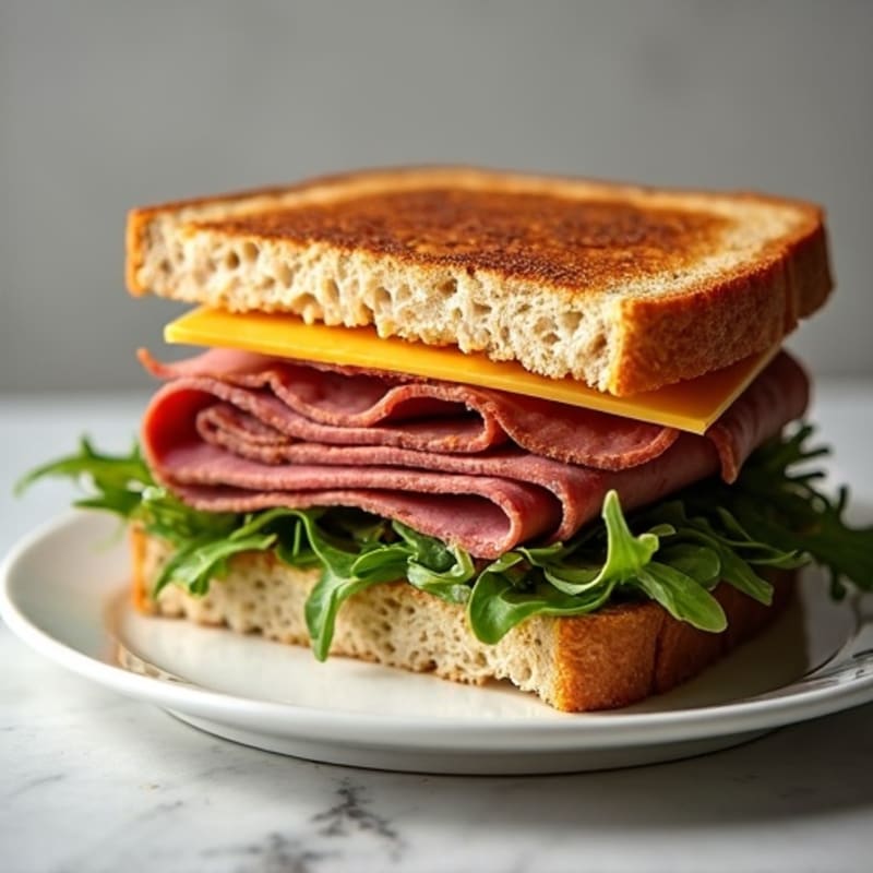 Lean Roast Beef and Sharp Cheddar Sandwich with Crispy Arugula
