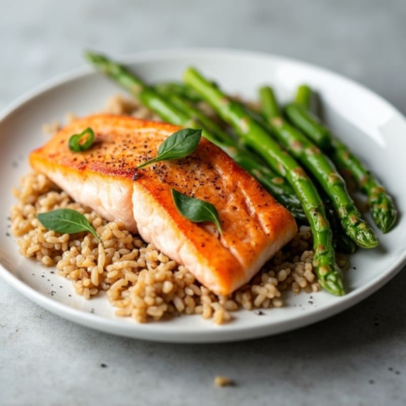 Seared Salmon with Steamed Asparagus and Brown Rice