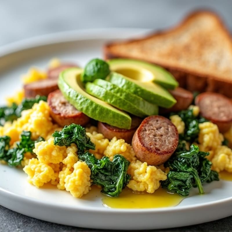 Egg White and Spinach Scramble with Turkey Sausage and Avocado Toast
