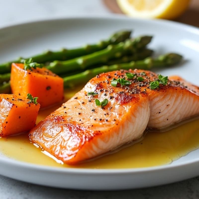 Seared Salmon with Roasted Sweet Potatoes and Asparagus