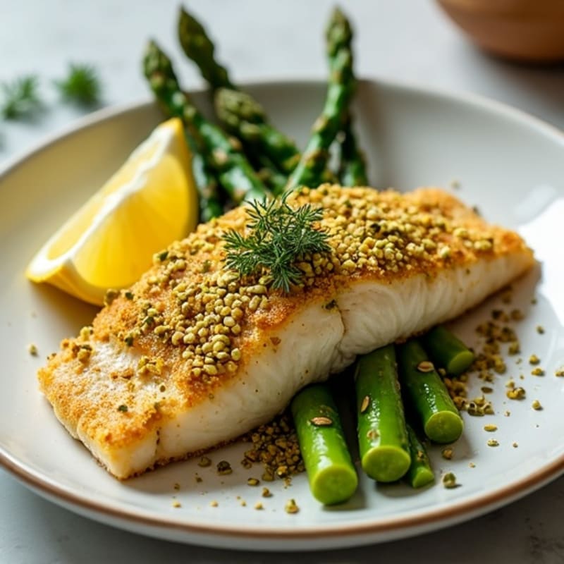 Pistachio-Crusted Flaky Cod with Lemon-Herb Roasted Asparagus