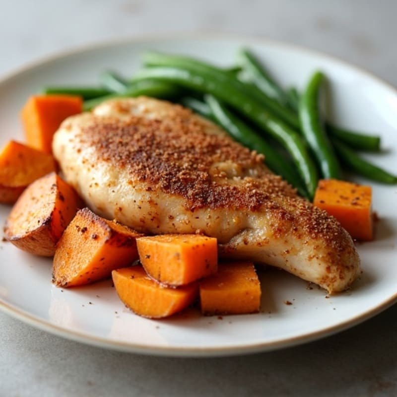 Cinnamon-Spiced Baked Chicken with Roasted Sweet Potatoes and Green Beans