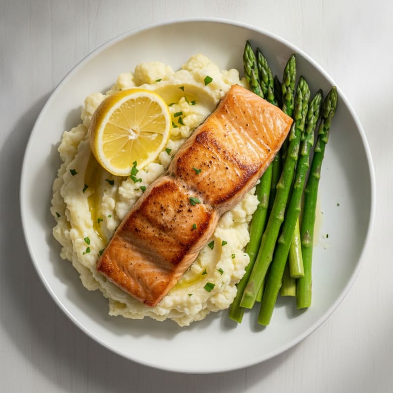 Seared Salmon with Steamed Asparagus and Garlic Mashed Cauliflower