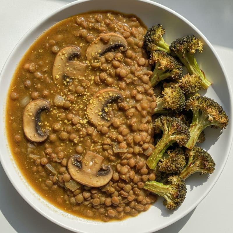 Lentil and Mushroom Stew with Roasted Broccoli