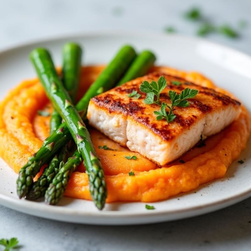 Seared Salmon Fillet with Roasted Asparagus and Sweet Potato Mash