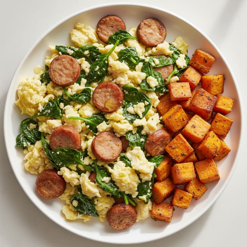 Crispy Turkey Sausage and Egg White Scramble with Sautéed Spinach