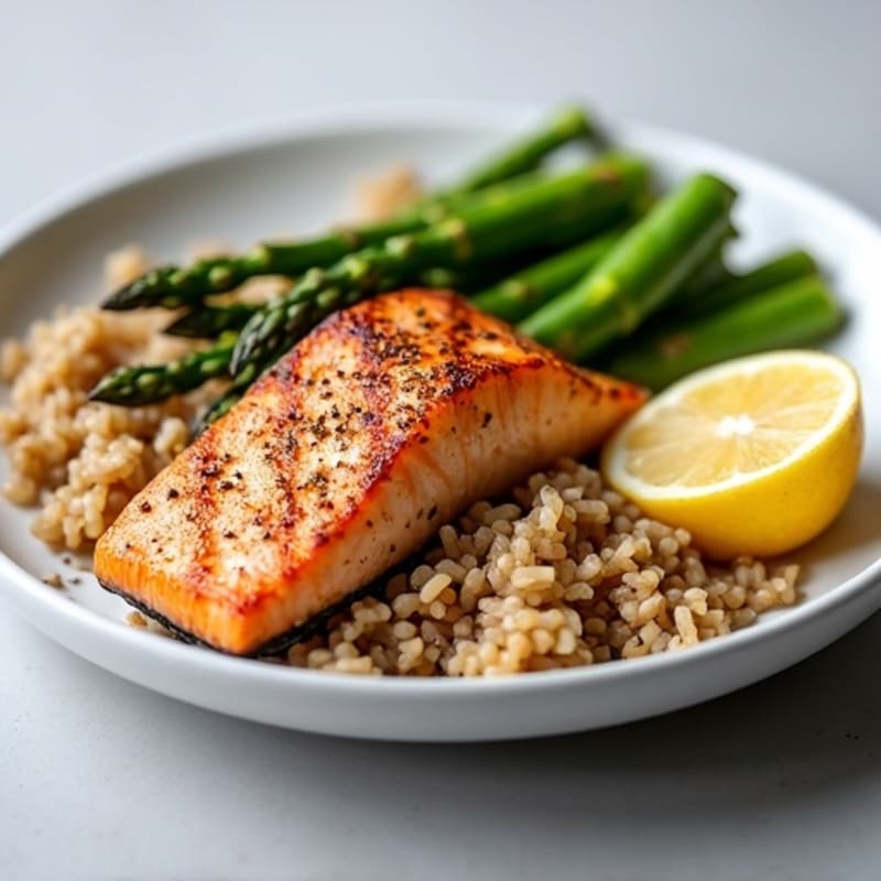 Seared Salmon Fillet with Steamed Asparagus and Brown Rice