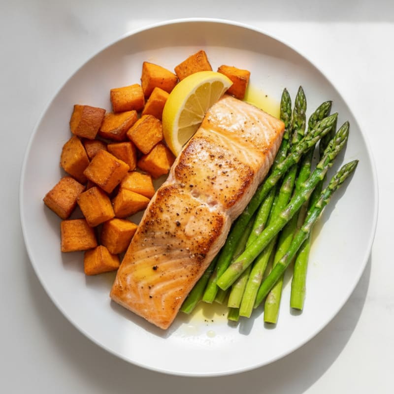 Seared Salmon with Roasted Sweet Potato and Asparagus
