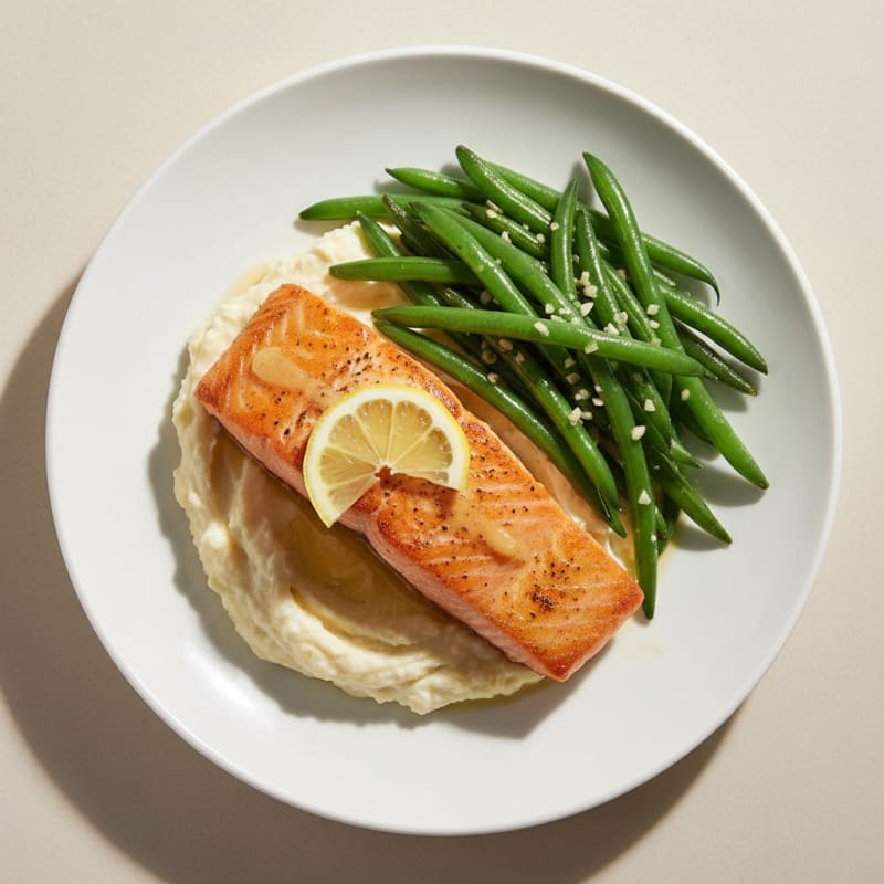 Seared Salmon with Steamed Green Beans and Cauliflower Mash