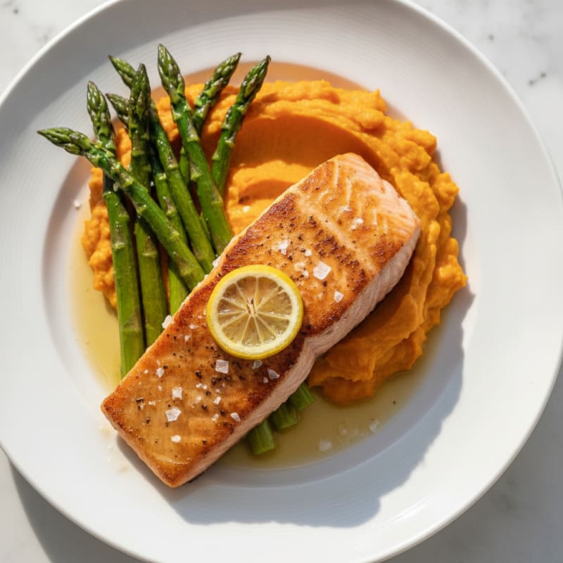 Seared Salmon Fillet with Roasted Asparagus and Sweet Potato Mash
