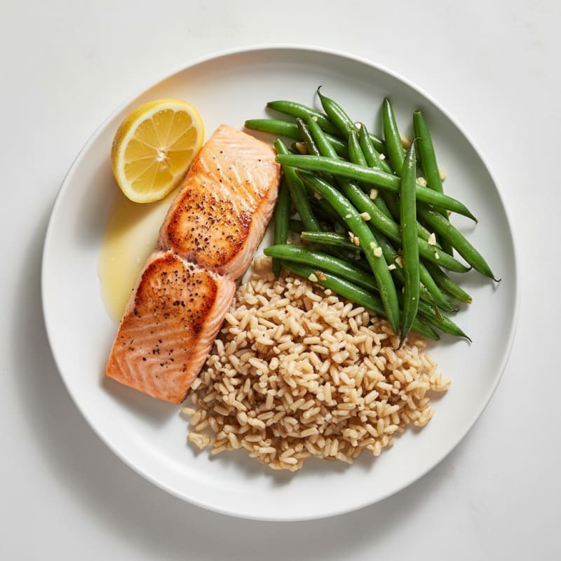 Seared Salmon Fillet with Garlic Green Beans and Brown Rice