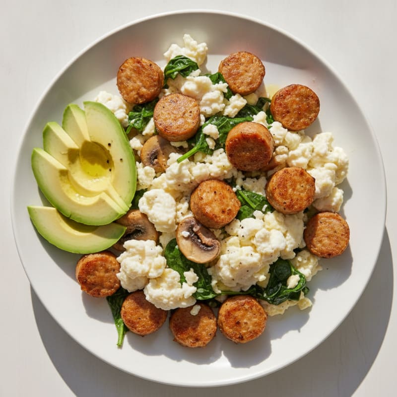 Egg White and Chicken Sausage Scramble with Sautéed Spinach and Mushrooms