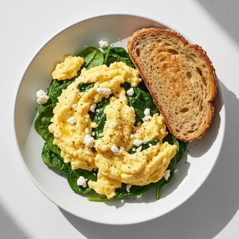 Creamy Scrambled Eggs with Sautéed Spinach
