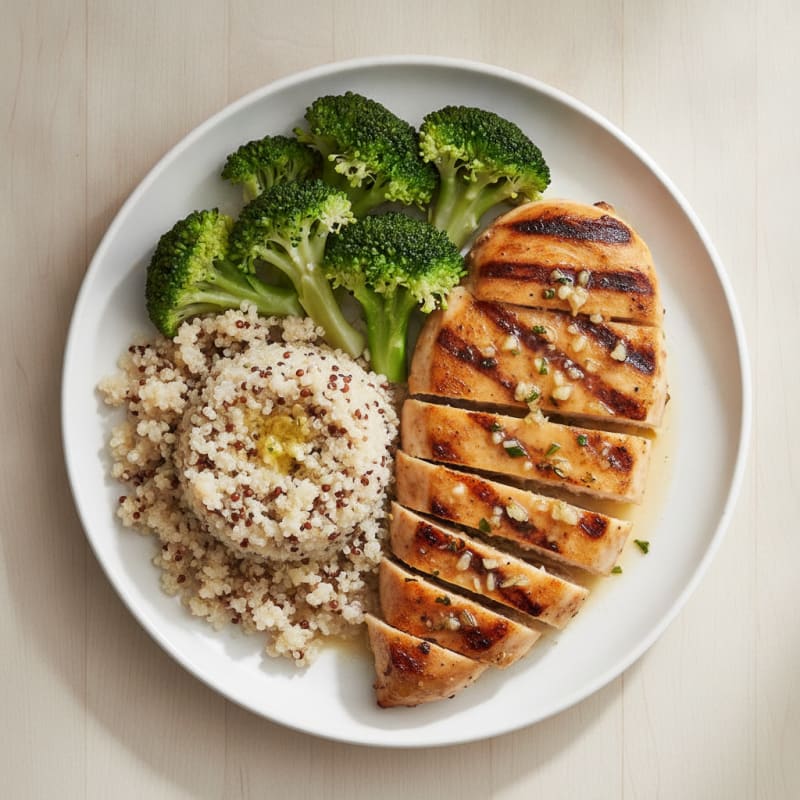Grilled Lemon Garlic Chicken Breast with Quinoa and Steamed Broccoli