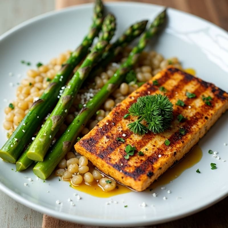 Herb-Marinated Tempeh with Grilled Asparagus and Lentil Mash