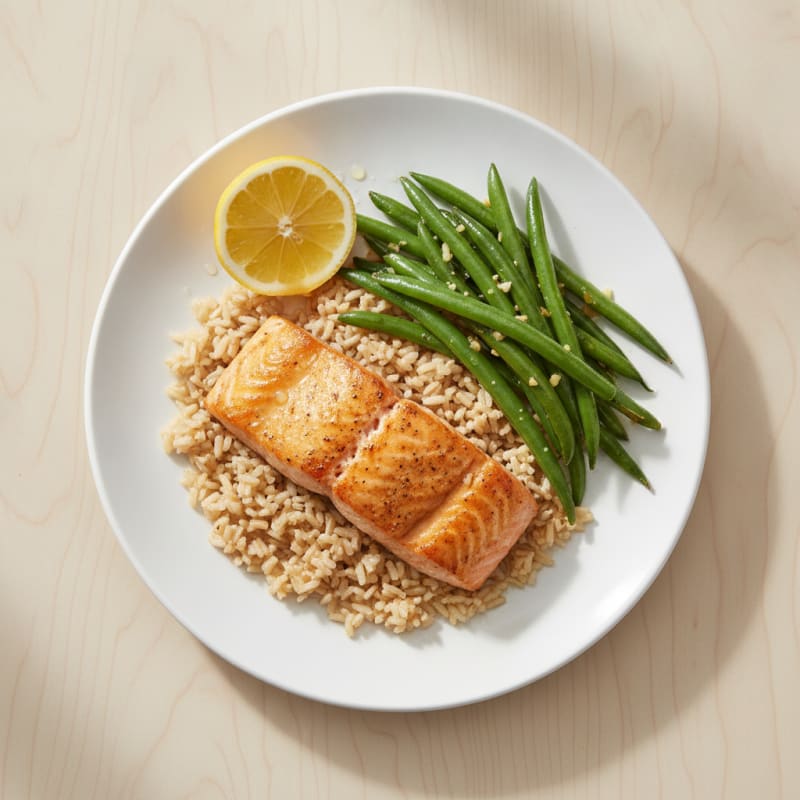 Seared Salmon Fillet with Garlic Green Beans and Brown Rice