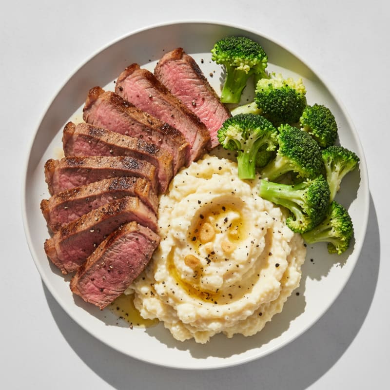 Seared Lean Beef with Steamed Broccoli and Cauliflower Mash