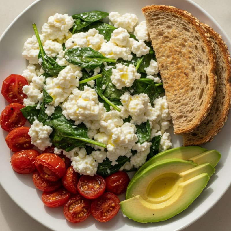 Egg White Spinach Scramble with Cottage Cheese and Cherry Tomatoes