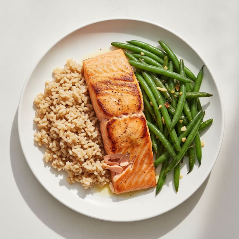 Seared Salmon Fillet with Garlic Green Beans and Brown Rice