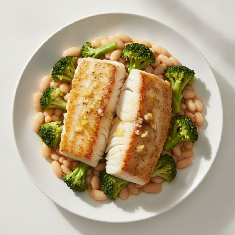 Seared Lemon-Garlic Cod with Steamed Broccoli and White Beans
