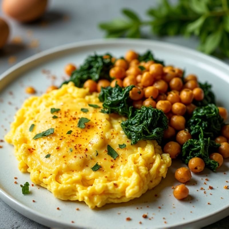 Scrambled Eggs with Spinach and Chickpea Stir-Fry