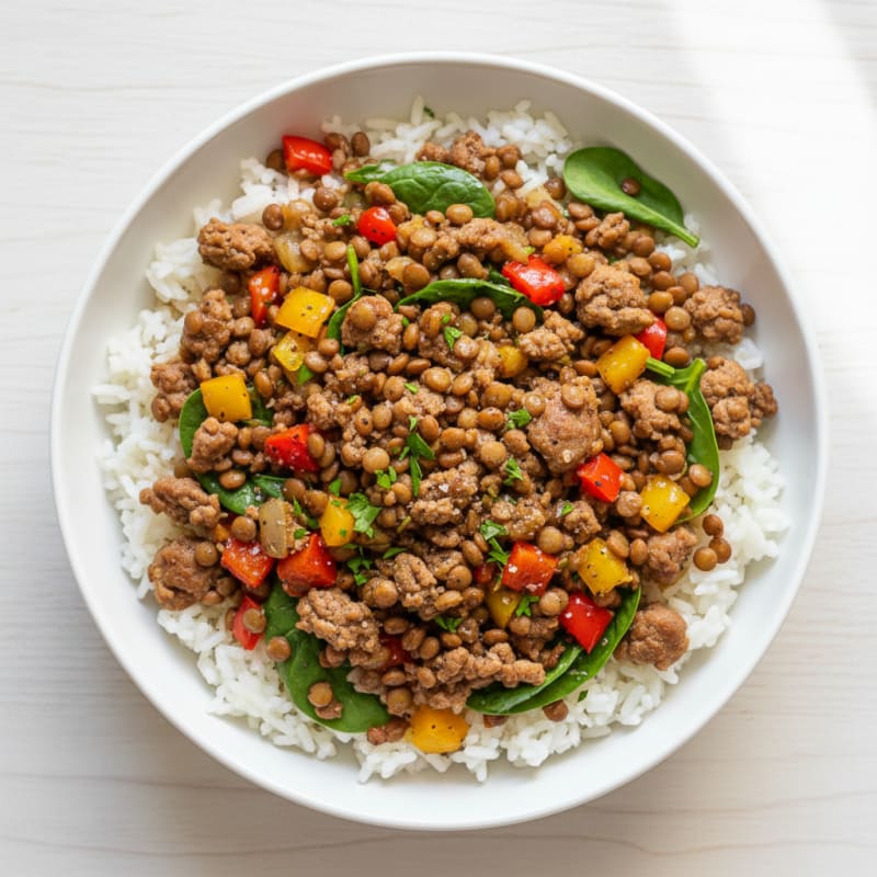 Ground Beef and Lentil Rice Bowl