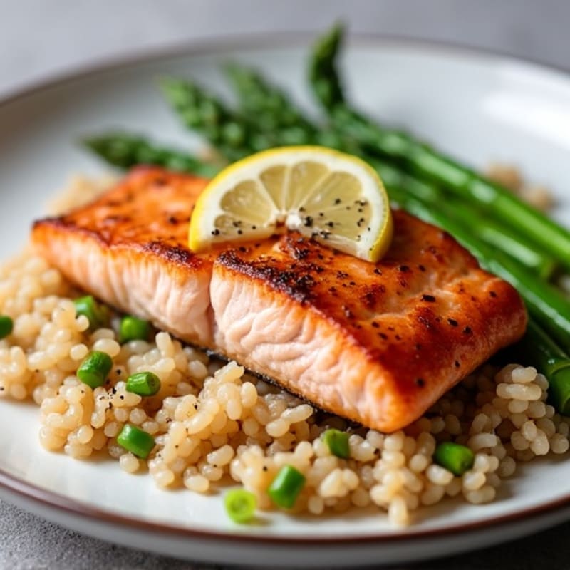 Seared Salmon Fillet with Steamed Asparagus and Brown Rice