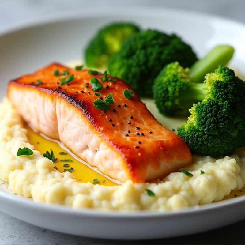 Seared Salmon Fillet with Steamed Broccoli and Garlic Cauliflower Mash