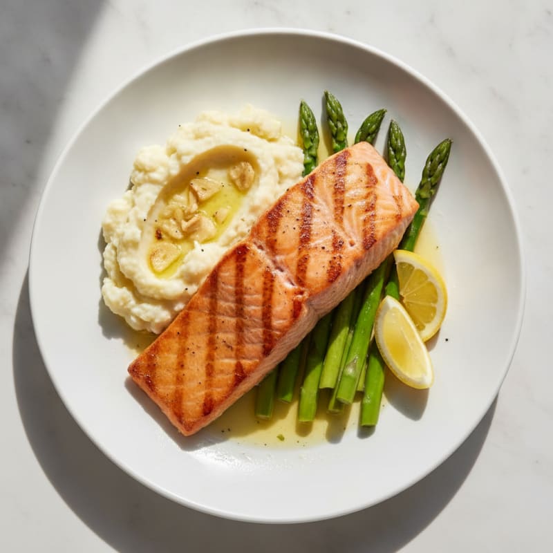 Seared Salmon Fillet with Steamed Asparagus and Garlic Mashed Cauliflower