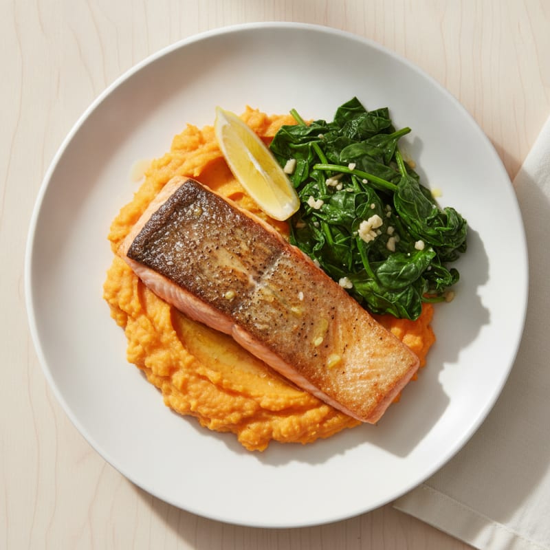 Seared Salmon with Garlic Spinach and Sweet Potato Mash