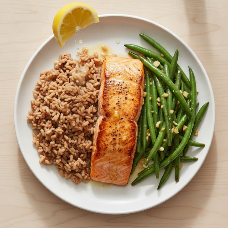 Seared Salmon with Garlic Green Beans and Brown Rice