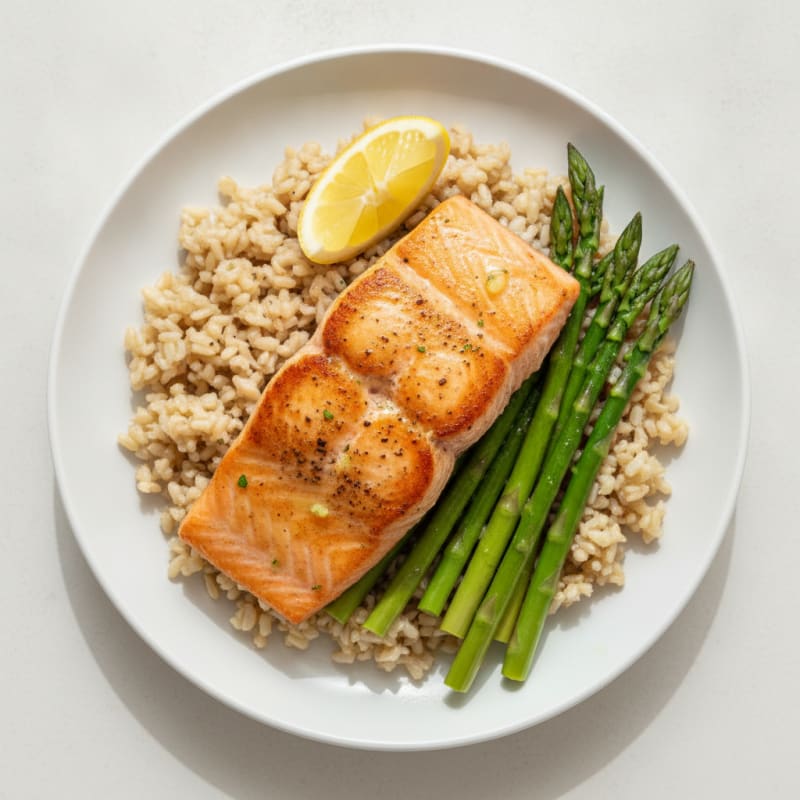 Seared Salmon with Steamed Asparagus and Brown Rice