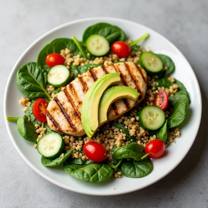 Grilled Chicken and Quinoa Salad with Avocado and Spinach