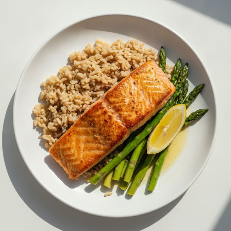 Seared Salmon Filet with Steamed Asparagus and Brown Rice