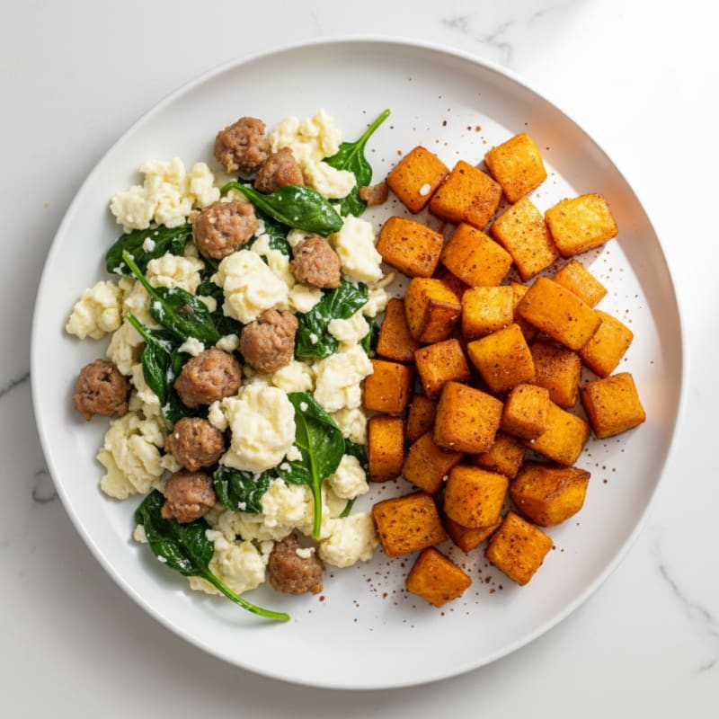 Egg White and Turkey Sausage Scramble with Spinach and Roasted Sweet Potatoes