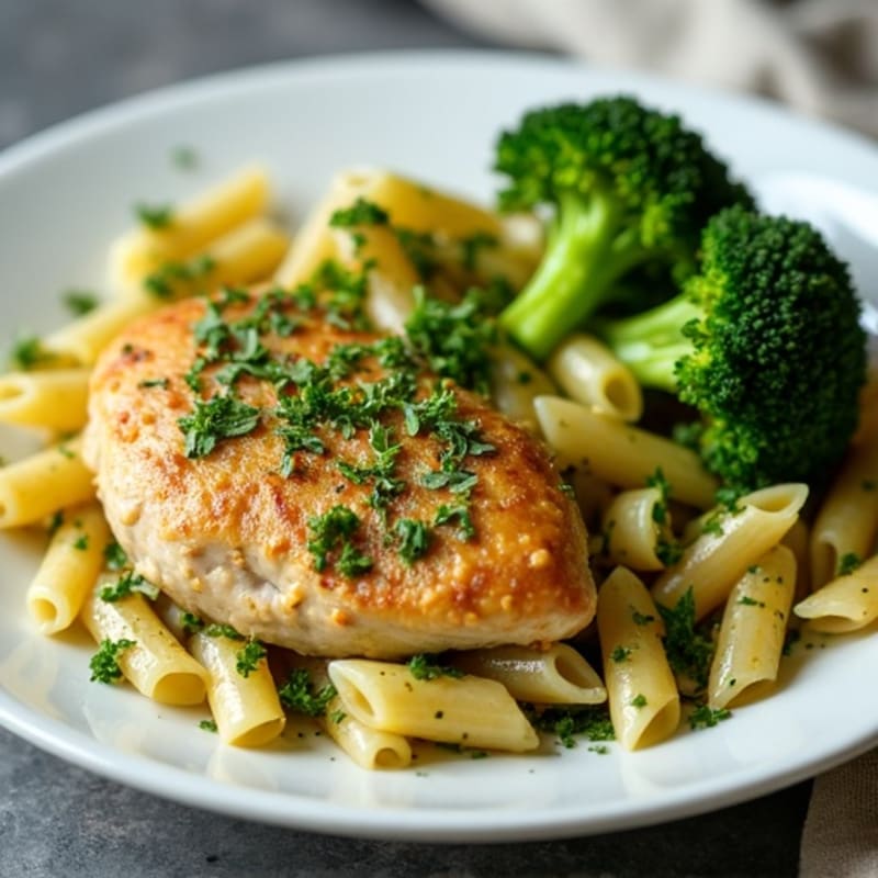 Chicken with Fresh Pesto Pasta and Roasted Broccoli