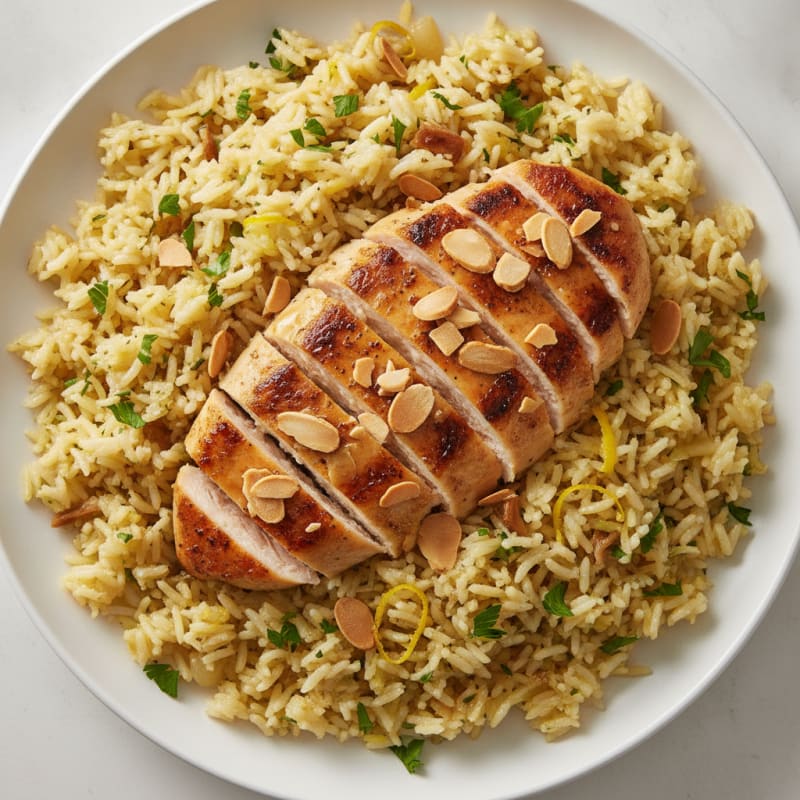 Lemon Herb Rice Pilaf with Toasted Almonds and Seared Chicken