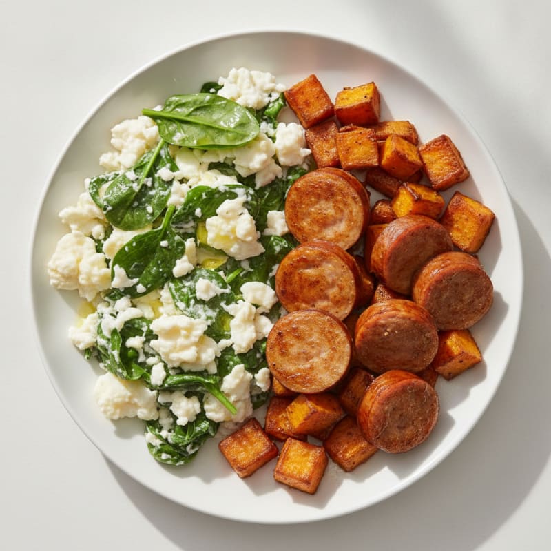 Egg White Spinach Scramble with Seared Turkey Sausage