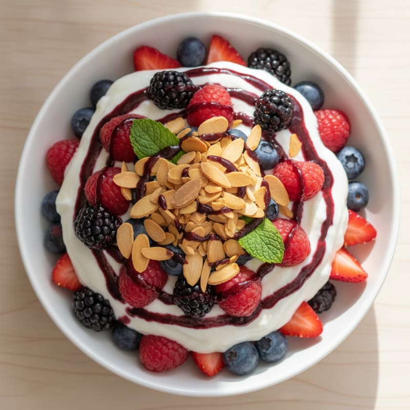 Greek Yogurt Protein Parfait with Mixed Berries and Almonds