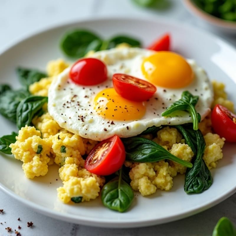 Cottage Cheese Egg White Scramble with Spinach and Cherry Tomatoes