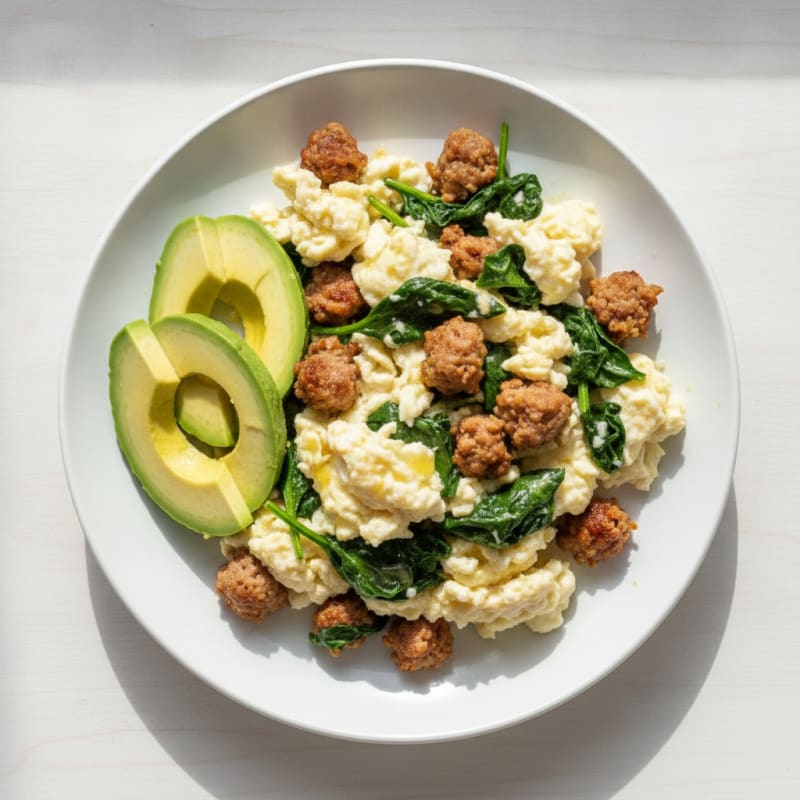 Egg White Scramble with Turkey Sausage and Sautéed Spinach
