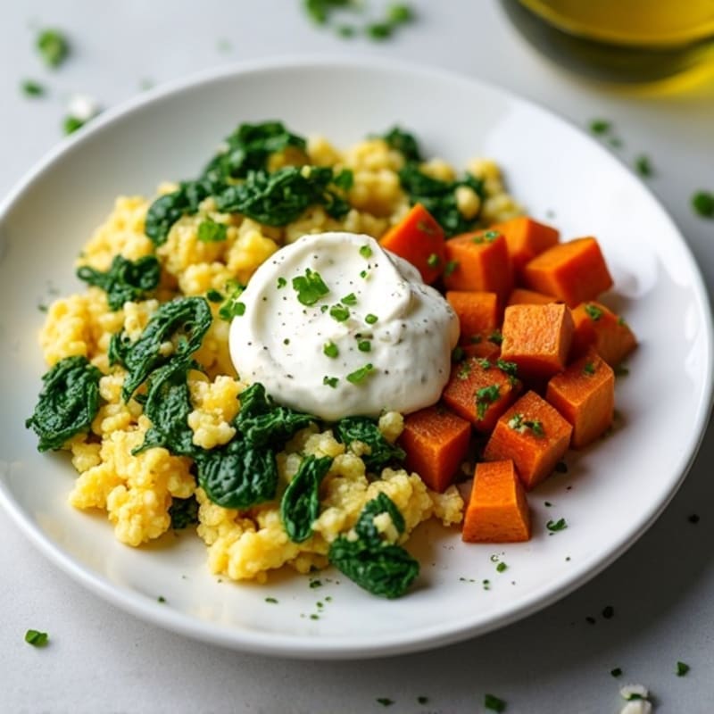 Egg White Spinach Scramble with Cottage Cheese and Roasted Sweet Potato