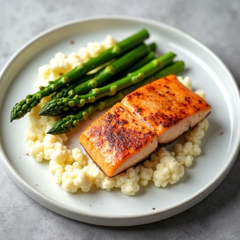 Seared Salmon with Steamed Asparagus and Cauliflower Mash