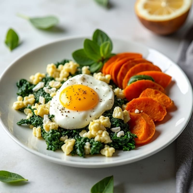 Egg White Spinach Scramble with Cottage Cheese and Roasted Sweet Potatoes