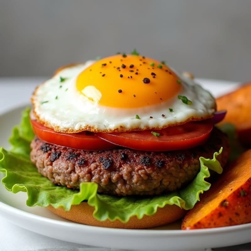 Juicy Lean Beef Burger with Crispy Lettuce and Roasted Sweet Potato Wedges