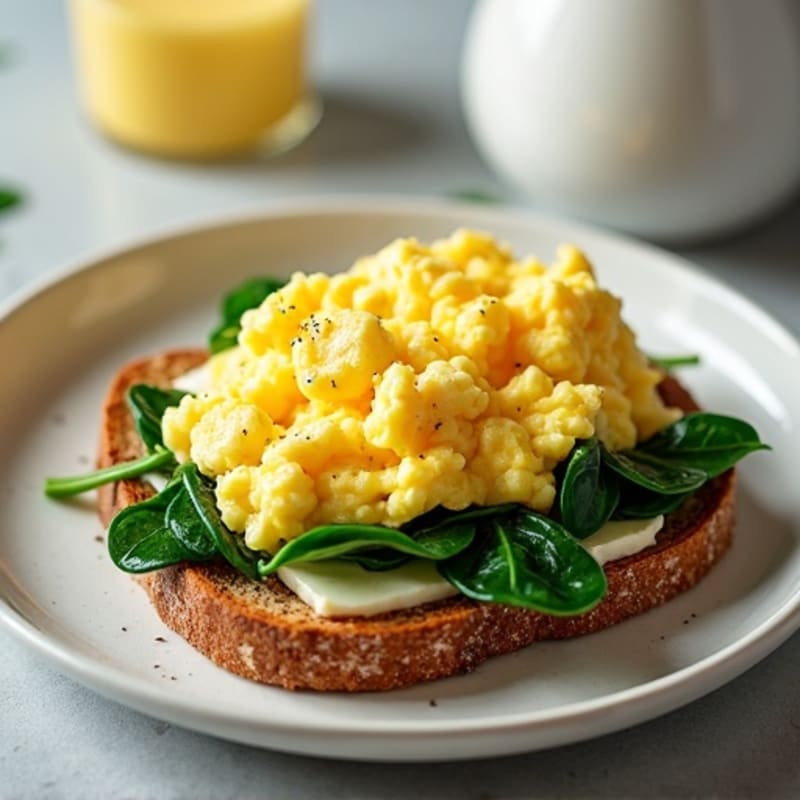 Scrambled Eggs with Cottage Cheese and Sautéed Spinach on Toast