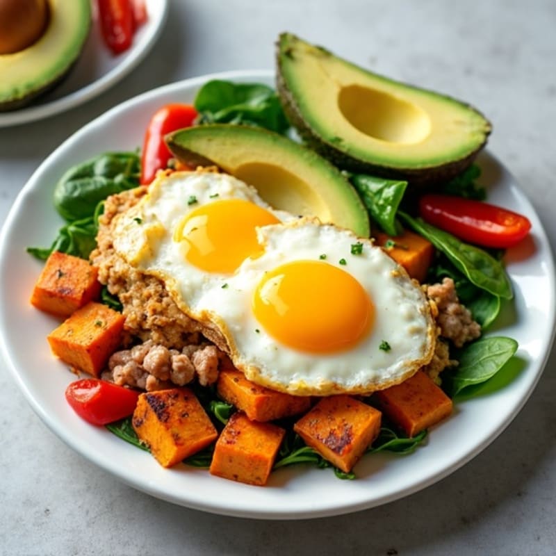 Egg White and Turkey Sausage Scramble with Roasted Sweet Potatoes
